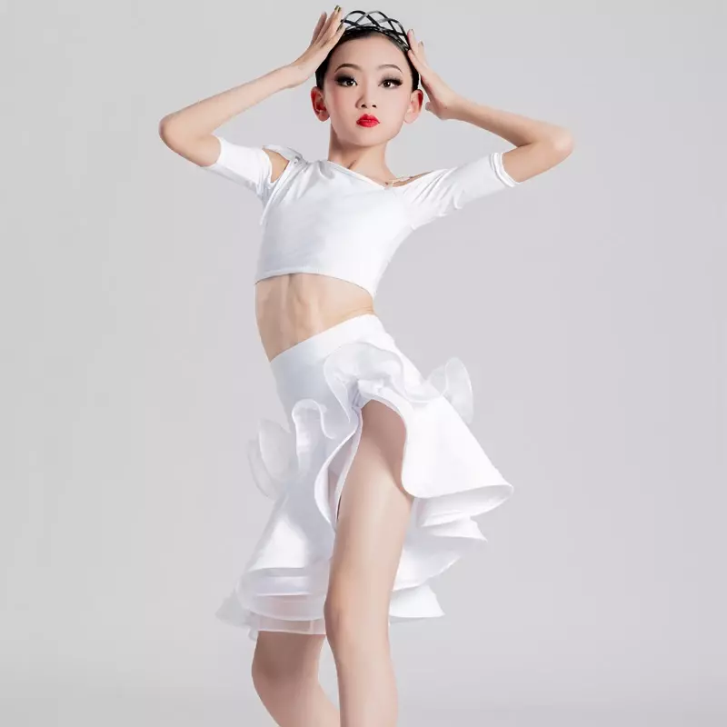 ชุดฝึกเต้นลาตินสำหรับเด็กผู้หญิงชุดเต้นรำละตินสีขาวสีชมพู