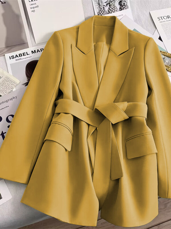 Women's Blazers Spring Autumn Suit Coat Beige Tie Up Jacket Slim Fit Stylish Top Outerwear Office Lady Blazer for Women Clothing