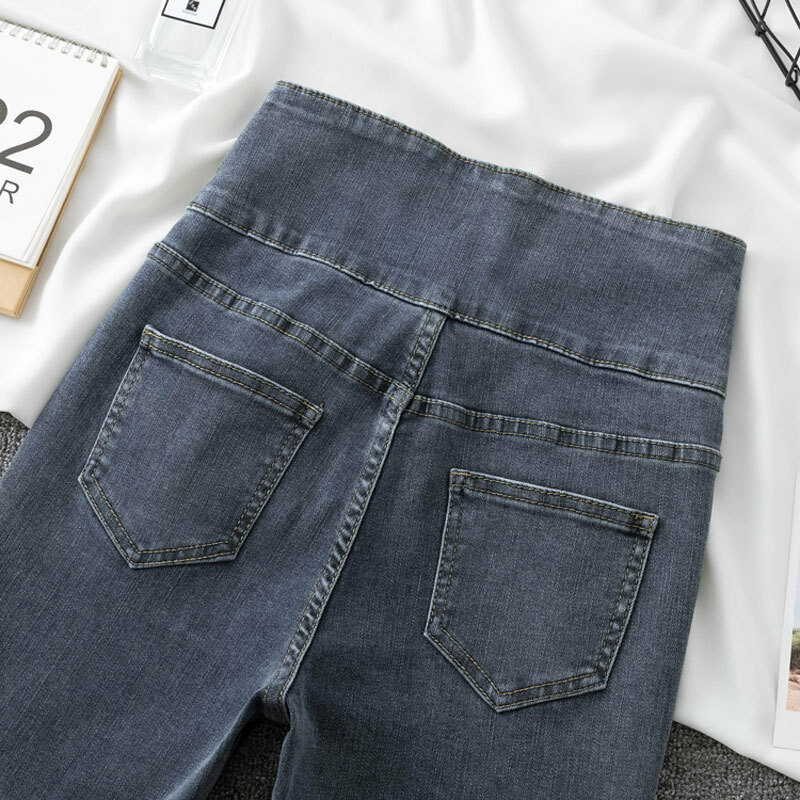 Calça jeans lápis com elástico de cintura alta feminina, design chique, moda coreana, Streetwear stretch, casual calça vintage