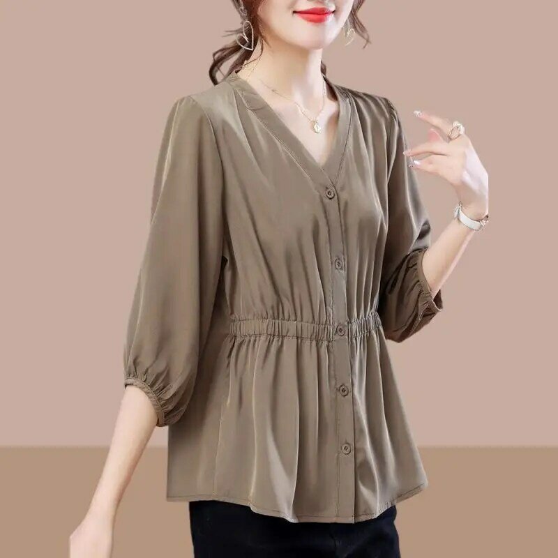 Женская плиссированная рубашка на пуговицах, однотонная свободная офисная рубашка с V-образным вырезом и рукавом 3/4, повседневная одежда в Корейском стиле на лето