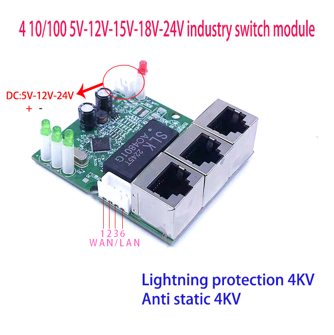 Mini-PCBA 4Ports Industrie-Switch-Modul 10/100mbps 5V 12V 15V 18V 24Vblitzschutz 4kV anti statisch 4kV