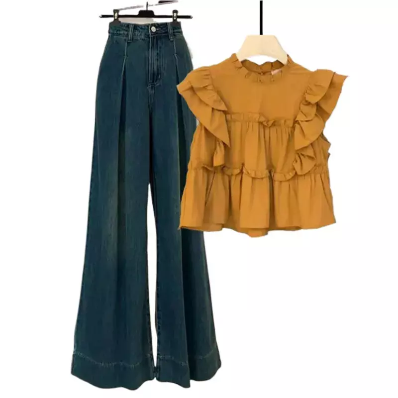 Летняя одежда в нежном стиле полный комплект женской одежды 2024 Новинка корейский Повседневный модный топ и джинсы комплект из двух предметов
