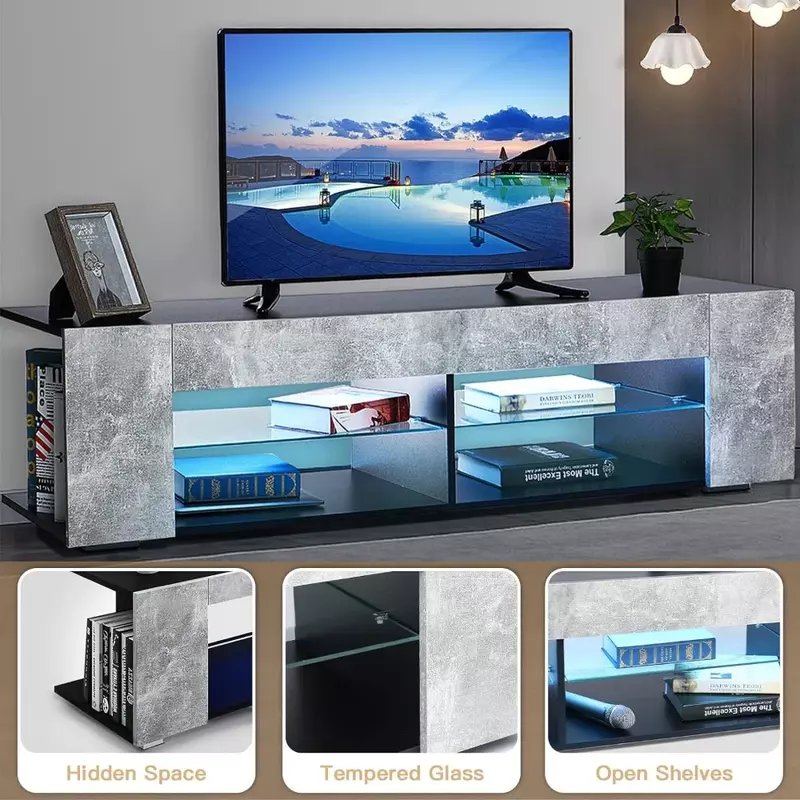 Tv Cabinet With LED Lights Small TV Console Media Table With Glass Shelves and Hidden Side Bookshelf for Living Room Stand