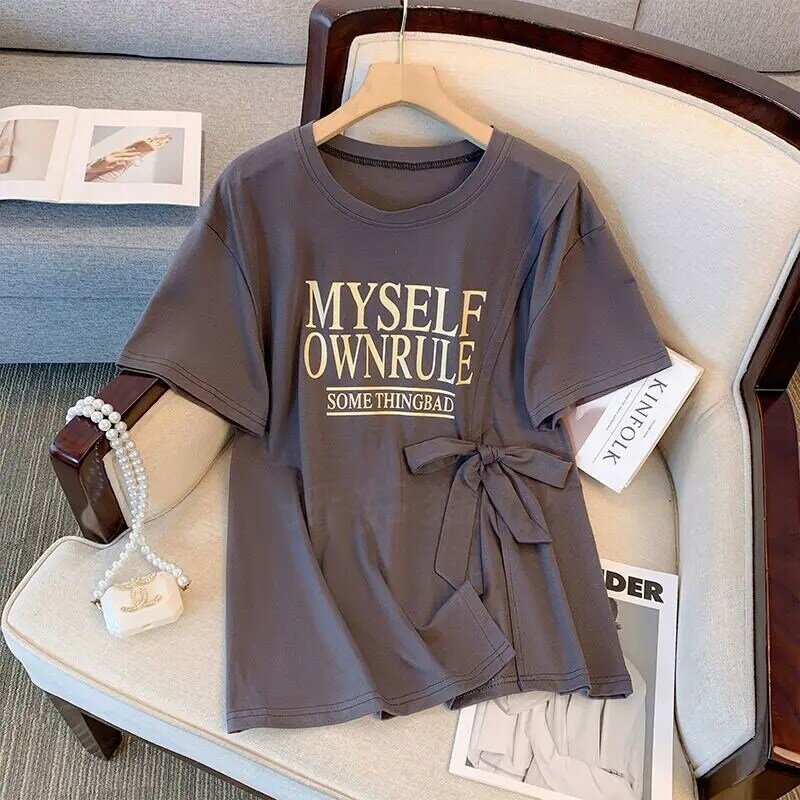 Large Size Summer Outfit with Fashionable Loose Fitting Short Sleeved T-shirt, Wide Leg Pants, Slimming Casual Set for Women