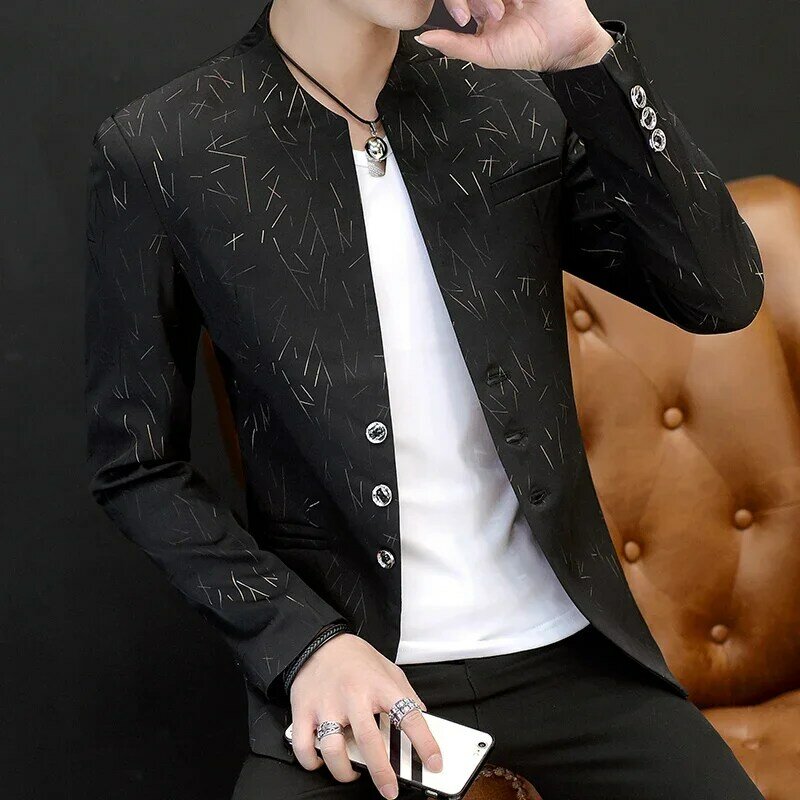 Suit masculino casual printed, tunchinês com colarinho, versão coreano, jaqueta fina, para homens