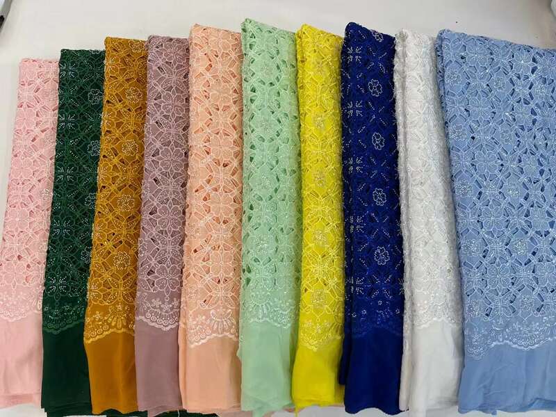 2024 High Quality African Nigerian Groom Chiffon Lace Fabrics Embroidery French Cotton Wedding Party Golden Dress Sequins 5Yards