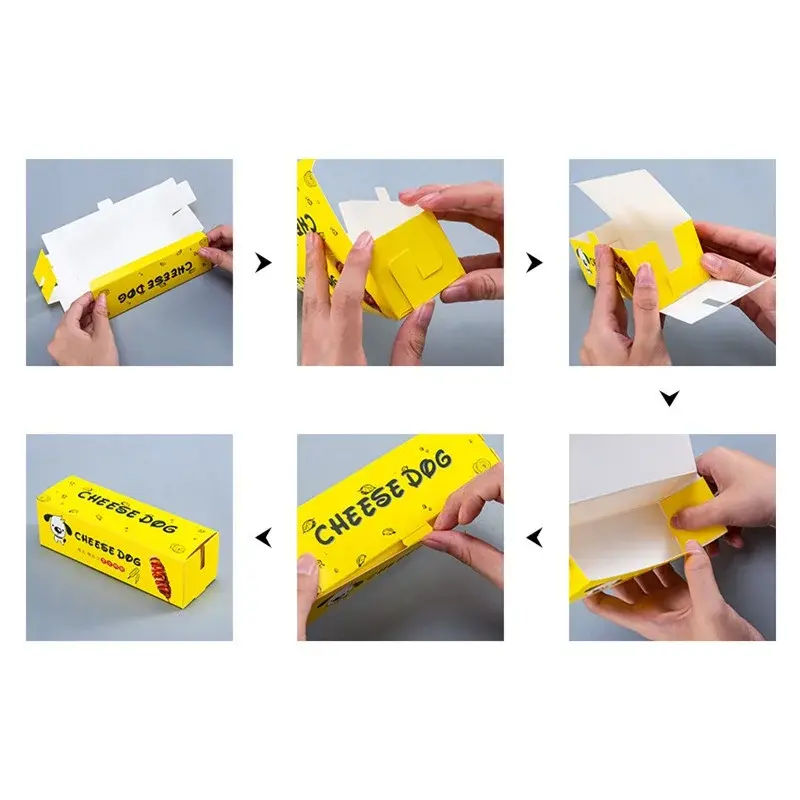 กล่องใส่ฮอตดอกแบบพับได้ถาดใส่อาหารทำจากกระดาษคราฟท์รีไซเคิลกล่องแซนวิชแบบนำกลับมาใช้ใหม่