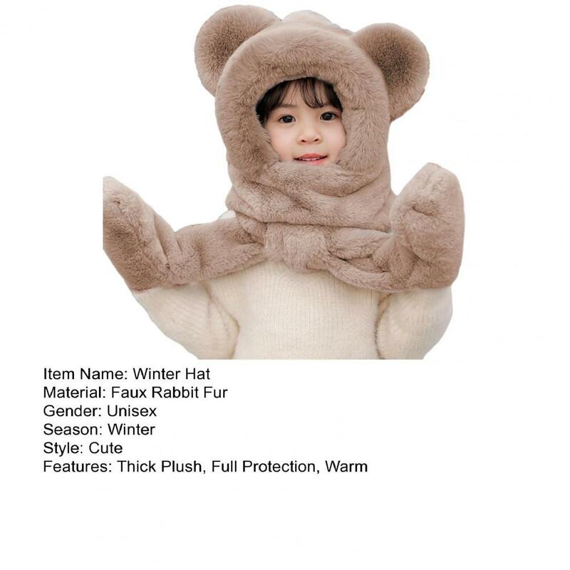 Children Winter Hat Scarf Gloves Combo Thick Plush Warm Ear Neck Head Protection Decorative Cross Integrated Hat Scarf Gloves
