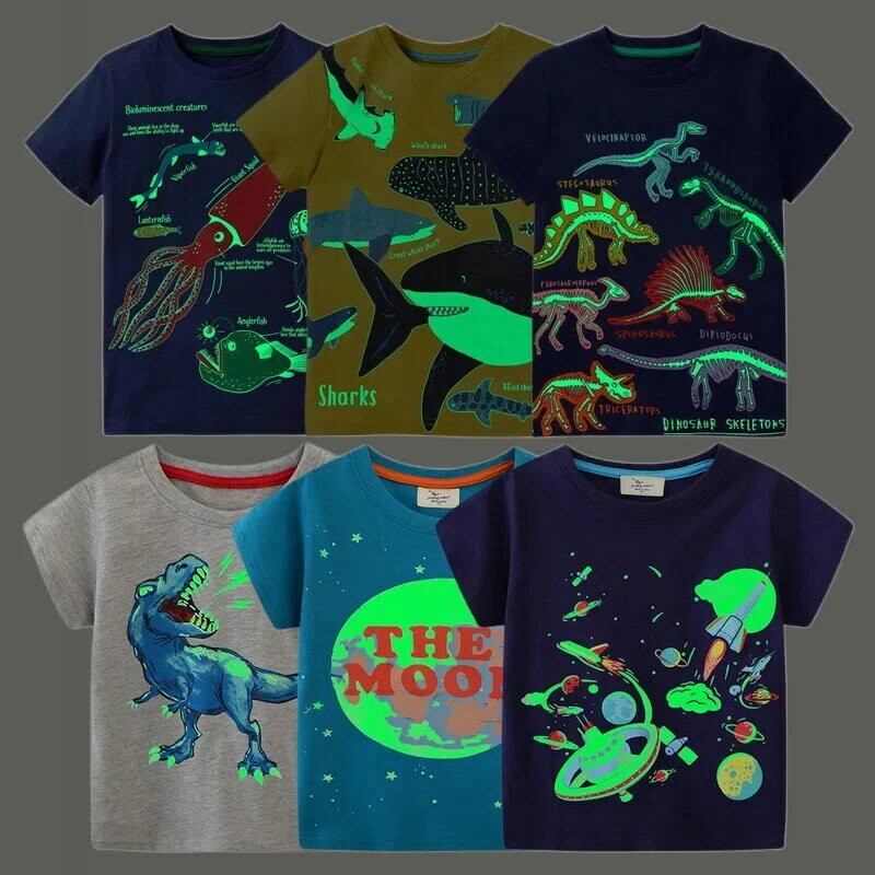 2024 Sommer neue Mode Kinder leuchtende Dinosaurier Hai Cartoon T-Shirt Jungen Shirt Pullover Top Kinder Kleidung