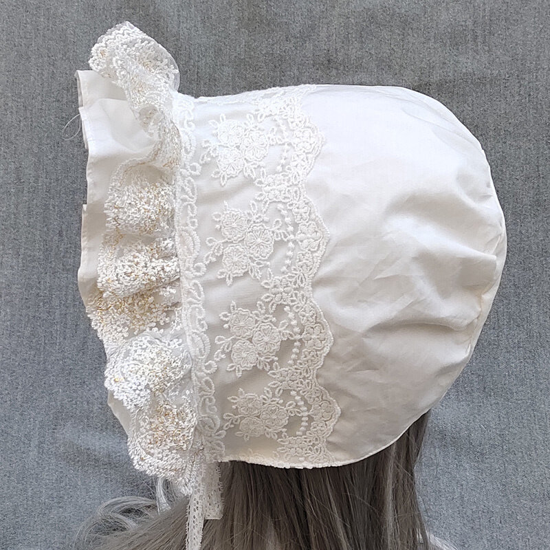 Boné de algodão vintage medieval para cosplay para mulheres, chapéu ajustável com cordões para meninas, gorro com renda Lolita, chapéu babados