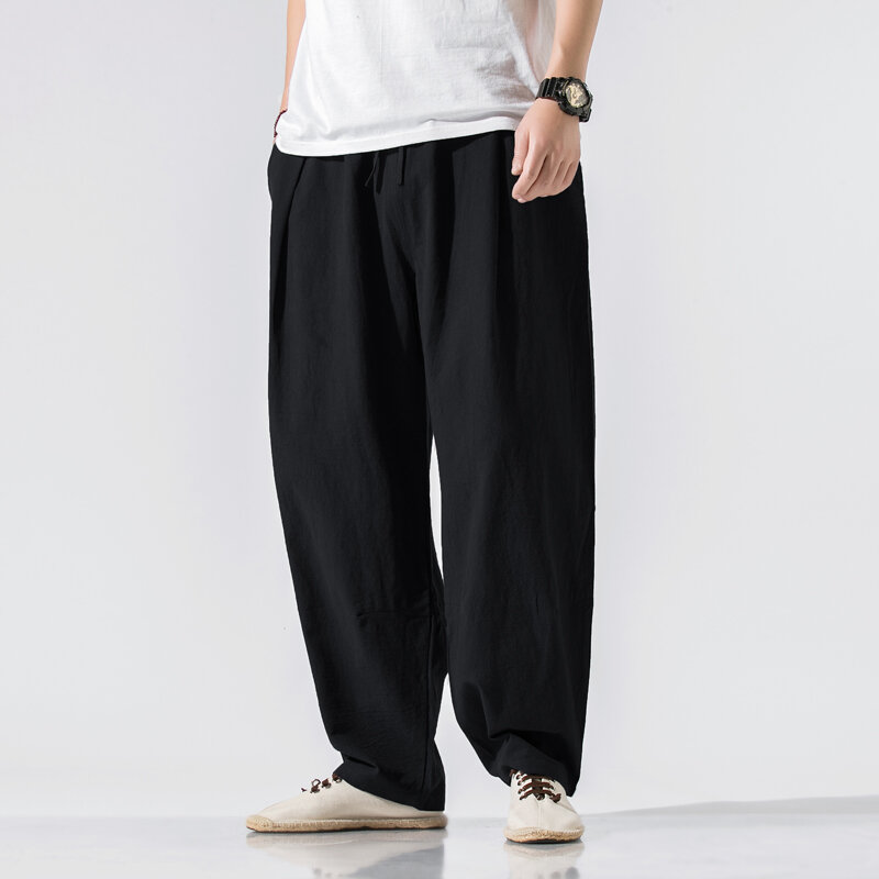 Pantalones informales Haren para hombre, pantalón de pierna ancha, de algodón y lino, estilo Harajuku, ropa de calle, novedad