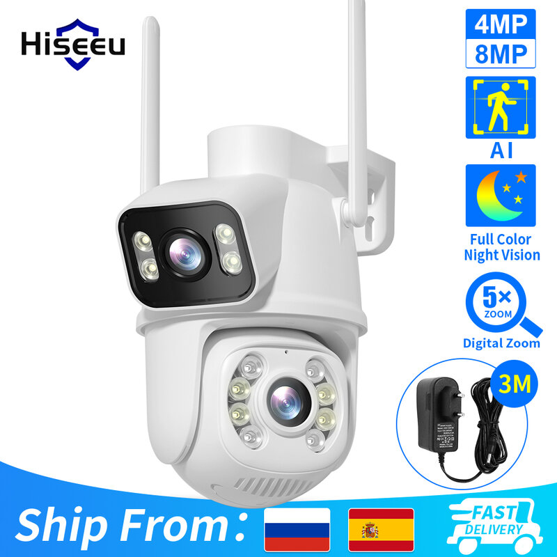 Камера наблюдения Hiseeu 4K 8MP Wifi с двойным объективом 4X Цифровой зум AI Обнаружение человеческого тела ONVIF Беспроводная наружная облачная камера безопасности IP камера