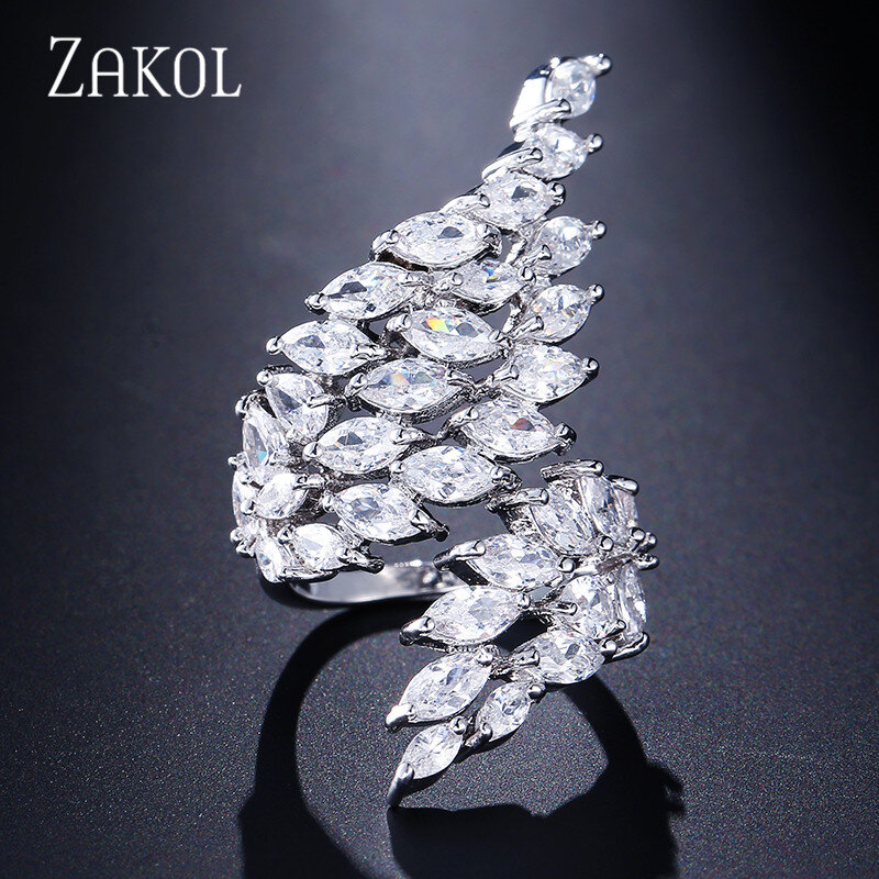 Zakol moda ouro branco cor zircônia folha anéis abertos para a menina na moda asa de cristal dedo ajustar anel festa feminino jóias
