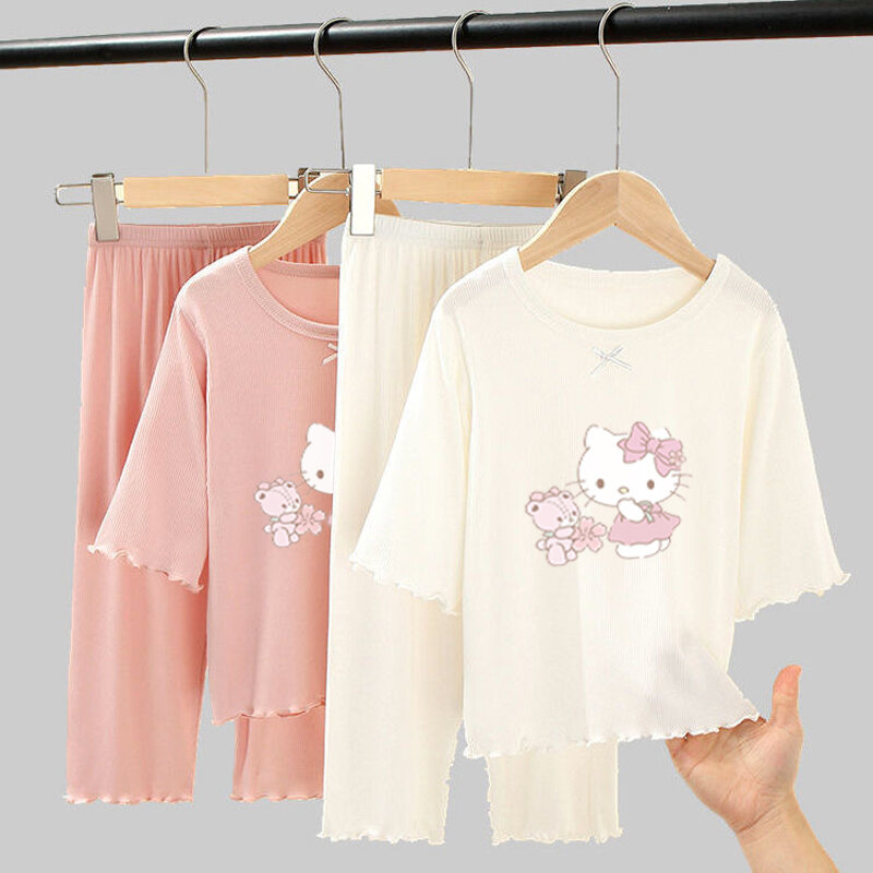 Kawaii Sanrio Kuromi Cinnamoroll Set piyama anak lucu Hello Kitty musim panas cetak kartun Modal katun pakaian santai hadiah anak-anak