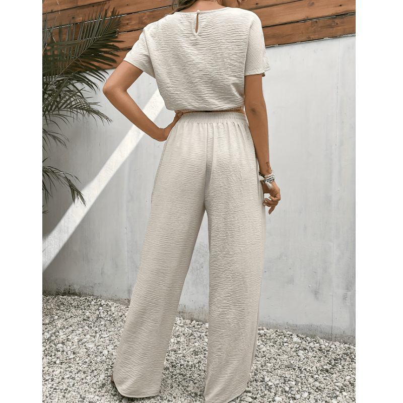 Jednolity kolor dwuczęściowy garnitur dla kobiet 2024 letnie casualowe z okrągłym dekoltem elastyczne topy i spodnie zestawy Streetwear