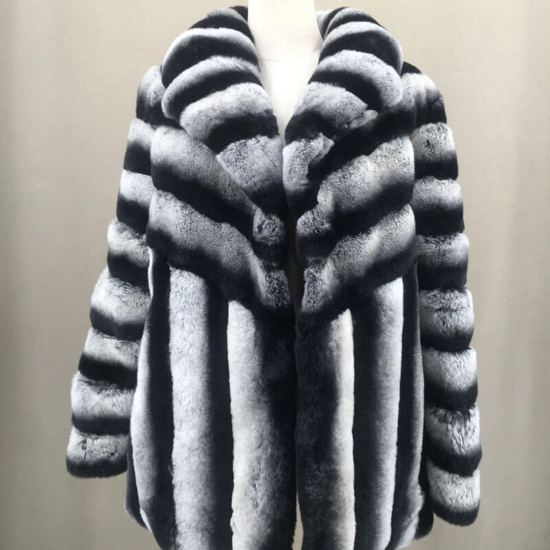 on sale striped Rex rabbit  Jacket lapel chinchilla fur coats 1907001