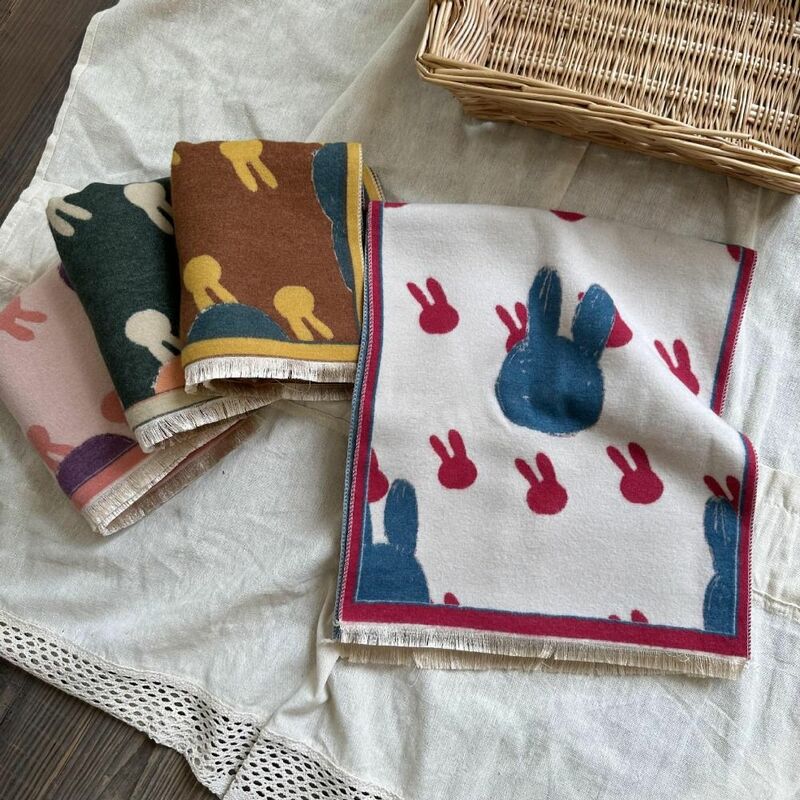 Bufanda de cachemir de colores para niños, bufanda cálida gruesa elegante con estampado de conejo, calentador de cuello a prueba de viento