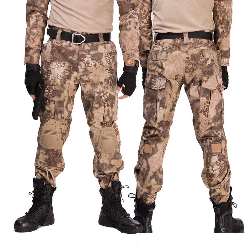 Camo do exército dos homens calças e almofadas, calças do exército militar, calças táticas masculinas, roupas de caça, streetwear, roupa ao ar livre