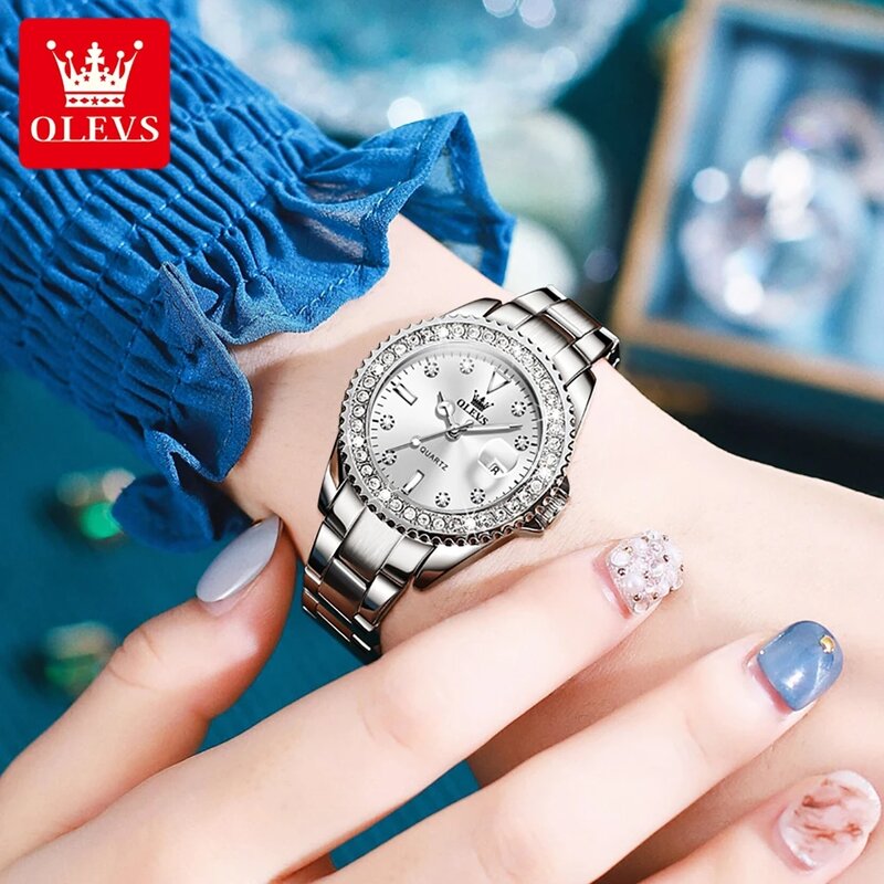 OLEVS oryginalny diamentowa tarcza zegarek kwarcowy dla kobiet moda eleganckie damskie zegarki ze stali nierdzewnej wodoodporny zegarek damski