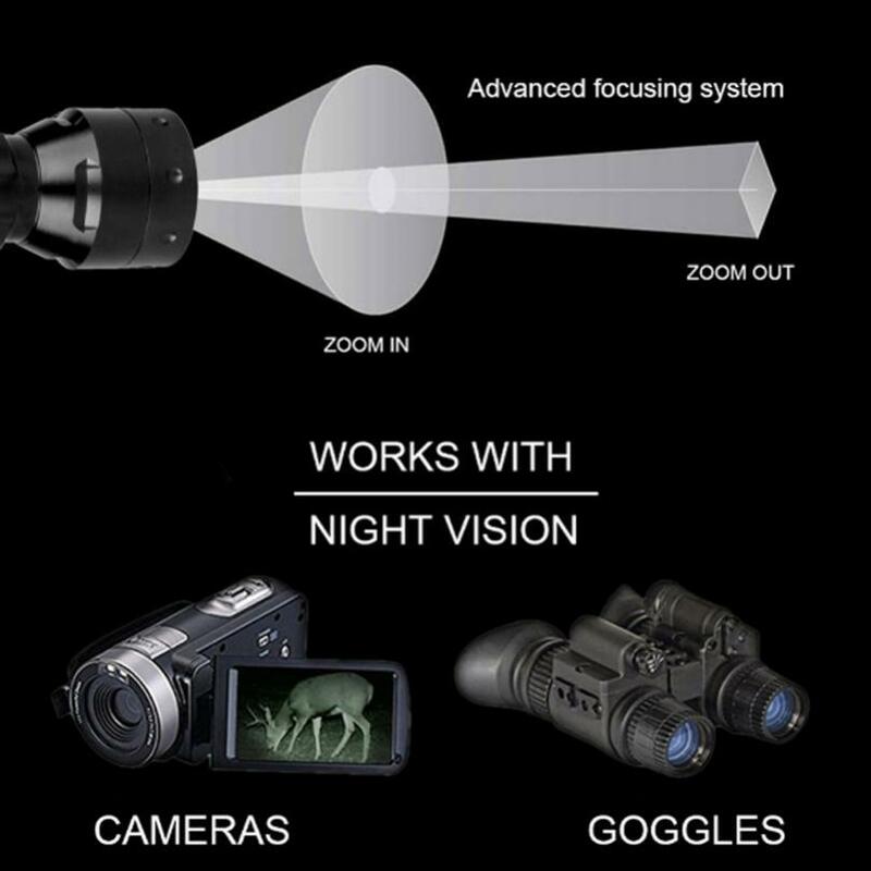 장거리 적외선 손전등 사냥 T50, 10W IR 850nm LED 전술 손전등, 야간 투시경 줌 가능 LED 플래시 라이트 토치