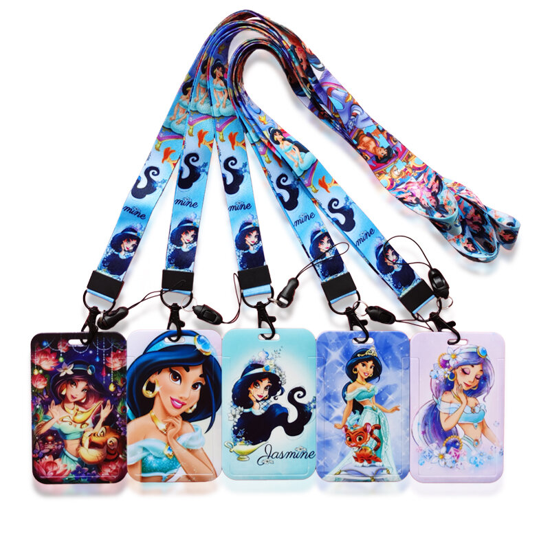 Disney-portatarjetas de identificación de princesa Jasmine, cordones de dibujos animados, funda de tarjeta de Aladin, portatarjetas de identificación, Clip retráctil de negocios