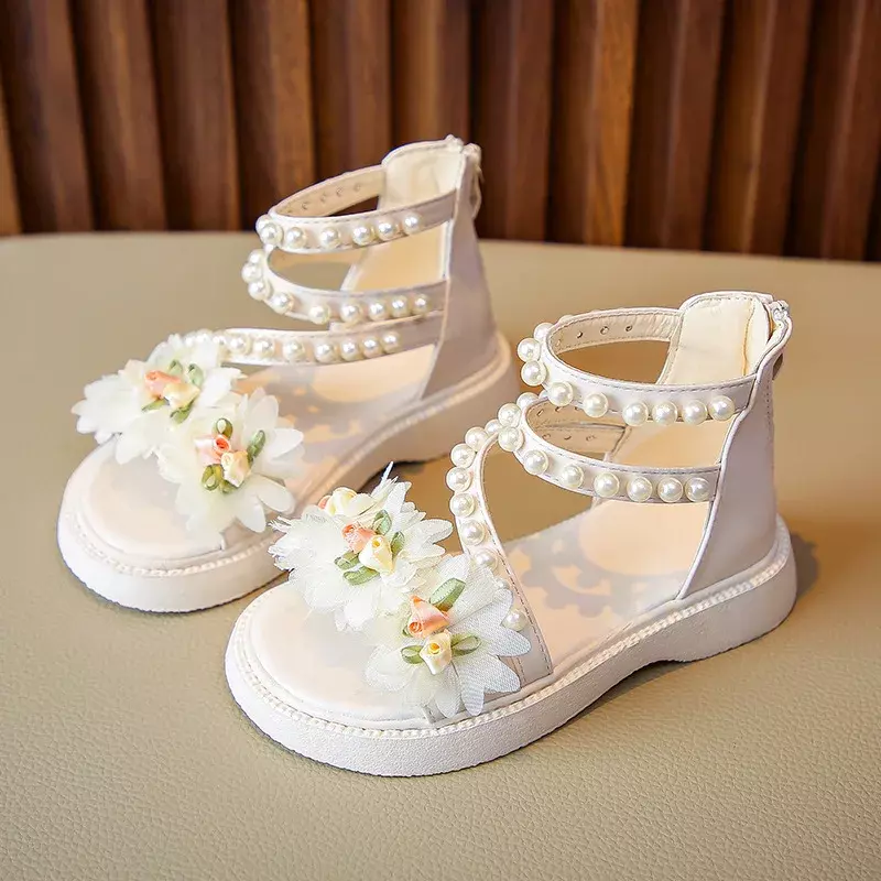 Sandalias de verano con flores para niñas, sandalias romanas de Punta abierta con perlas, informales, a la moda