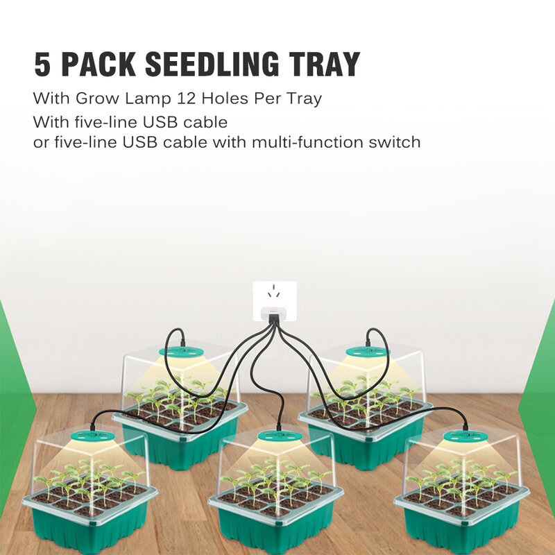 5 Packs Seed Starter Tray Seedling Box with Grow Light Indoor Gardening Plant Germination Tray Mini Greenhouse Seed Starting Kit