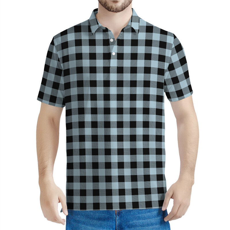 Polo con patrón geométrico a cuadros para hombre, 3D Camiseta con estampado de cuadrículas, Tops informales de manga corta con solapa y botones