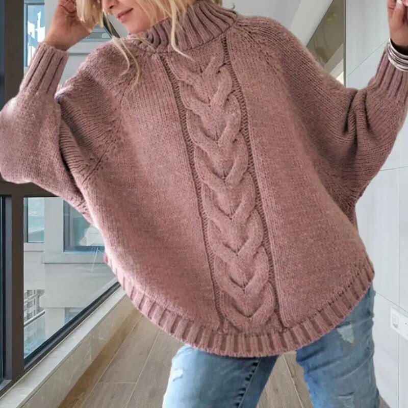 여성용 두꺼운 니트 터틀넥 넥 스웨터, 내한성 보호 돌맨 슬리브 풀오버, 아늑한 여성용 겨울 스웨터