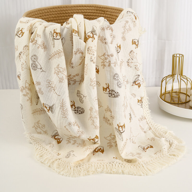 Летнее Детское Пеленальное Одеяло, Двухслойное муслиновое одеяло для новорожденных, детское Пеленальное Одеяло с кисточками и цветочным рисунком для детской коляски