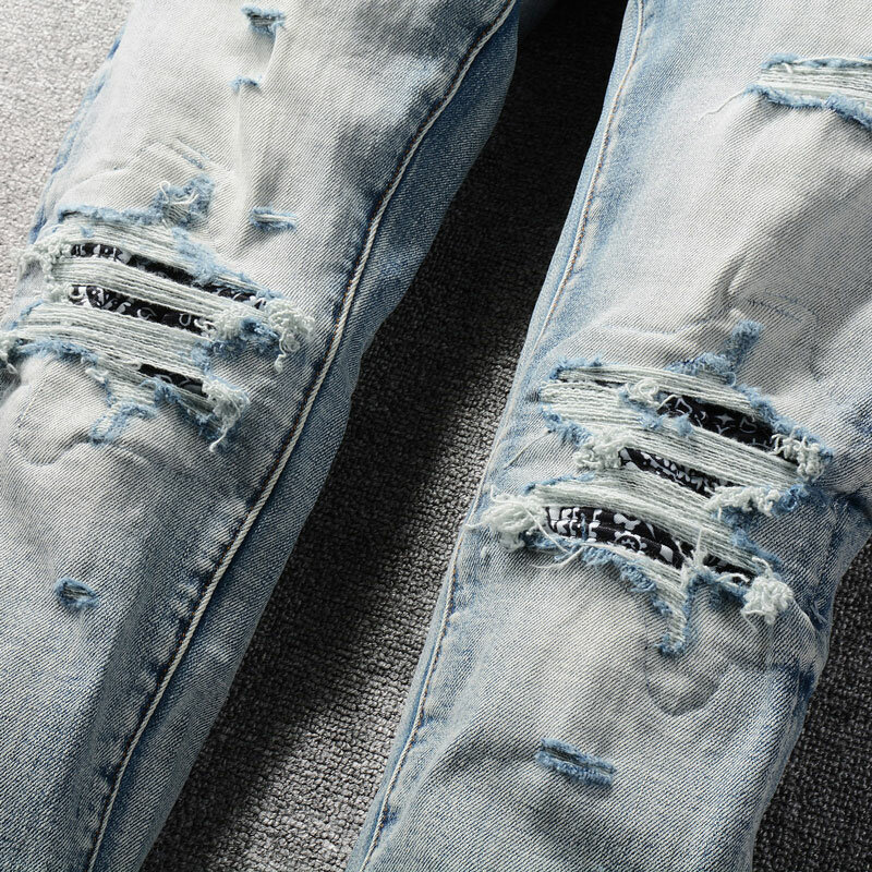 Streetwear Jeans sobek untuk pria, celana jins Retro biru elastis, celana Skinny Fit robek dengan tambalan untuk pria