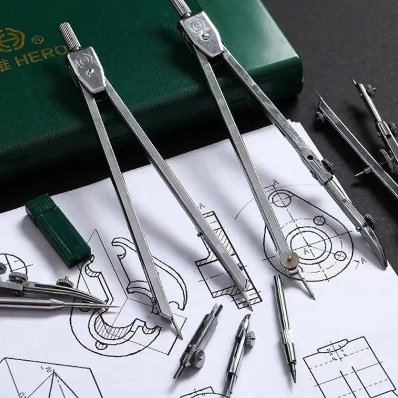 Set kompas pensil profesional, alat tulis kantor, alat gambar instrumen logam mekanik 15 buah
