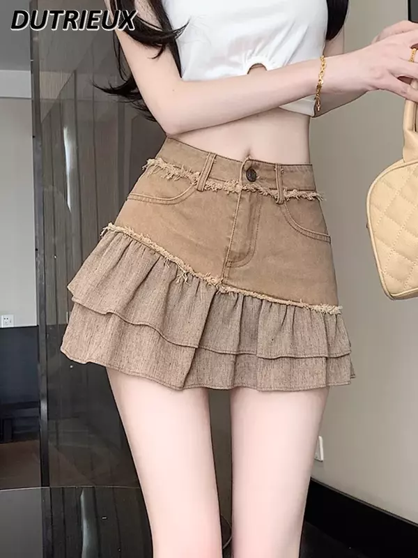 American Style Hot Girl High Waist Denim Short Skirt Women's Summer Design Frayed Patchwork Ruffled A- Line Mini Skirts