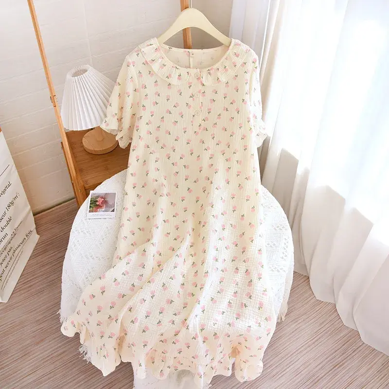 Женская ночная рубашка из крепа и хлопка с принтом, летние Ночные рубашки с коротким рукавом, Милая женская одежда для сна, женское тонкое свободное пижамное платье, 100%