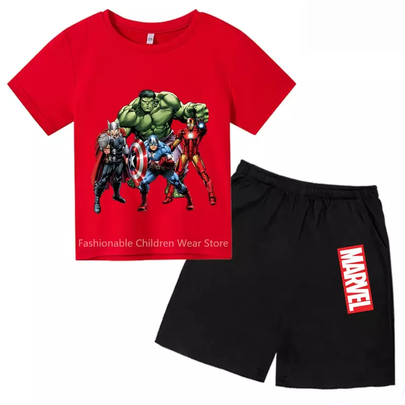 Marvel Avengers setelan kaus & celana kartun anak-anak, T-shirt gaya dan keren untuk anak laki-laki dan perempuan musim panas menyenangkan santai luar ruangan