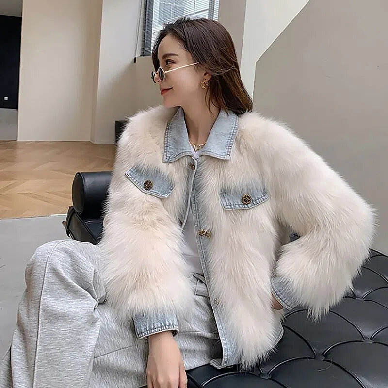 Mantel Bulu Imitasi Mode Musim Dingin Wanita Jaket Kepang Kancing Sebaris Bulu Rubah Palsu Jahitan Denim Jaket Hangat Wanita