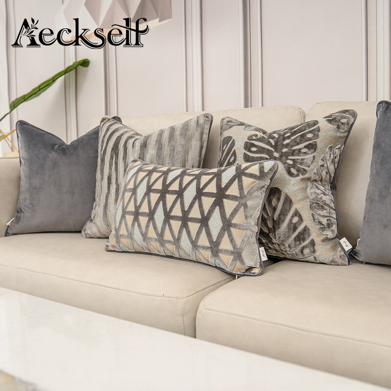 Aeckself-럭셔리 꽃 나뭇잎 패턴 컷 벨벳 쿠션 커버, 홈 장식 회색 던져 베개 커버 소파 침실