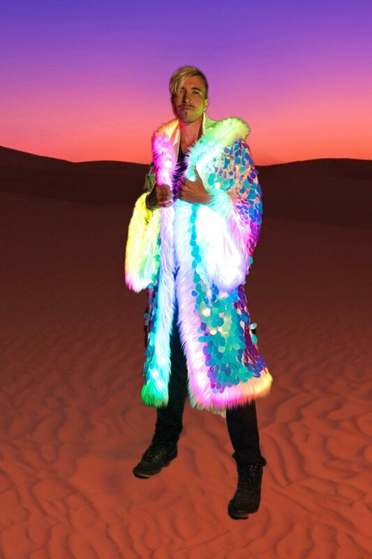 Mantel bulu palsu payet LED, kostum bulu palsu pria dan wanita, mantel panjang berkilau, kostum pesta liburan modis