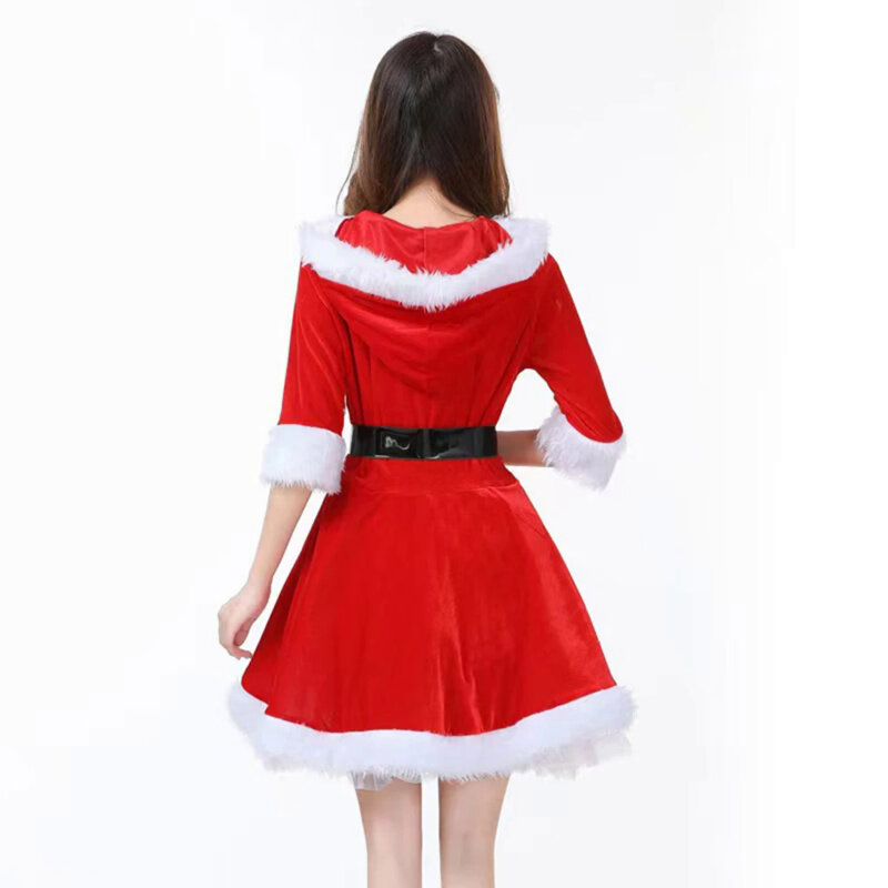 Women Hooded Sexy Velvet Christmas Dress Female Santa Claus Cosplay Costume Xmas Party Fancy Dress Mrs Claus Outfit Petticoat
