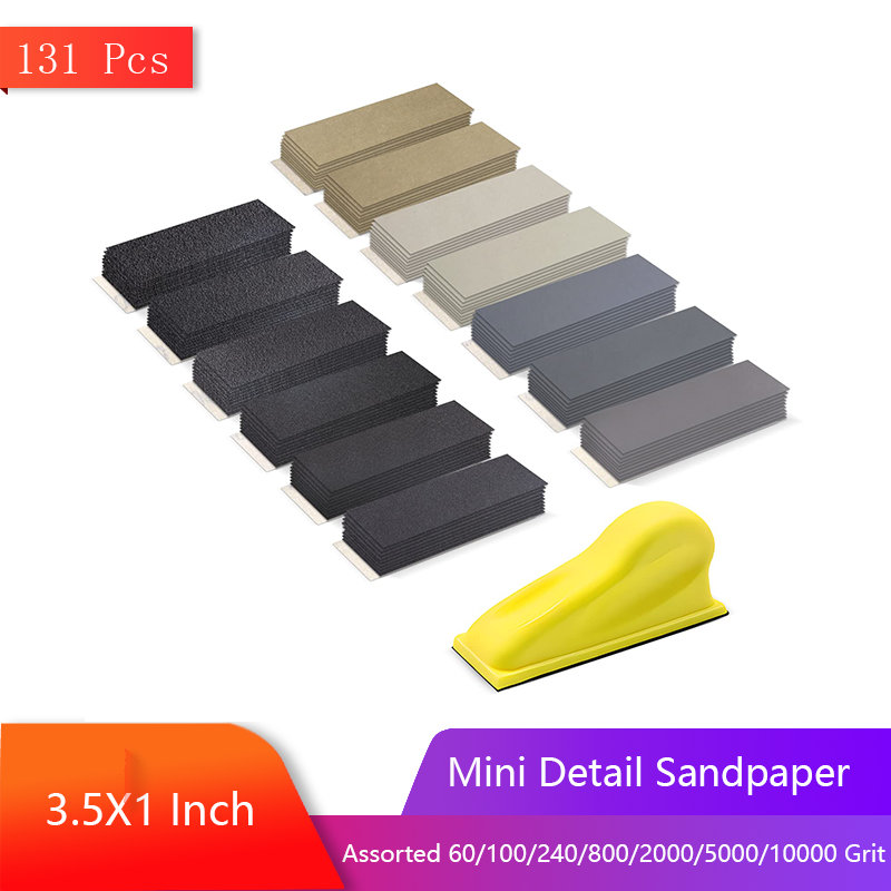 3.5 x 1 inch Mini Detail Sandpaper 131 Pcs Assorted 60/100/240/800/2000/5000/10000 Grit for DIY Craft Wood Metal Tight Polishing