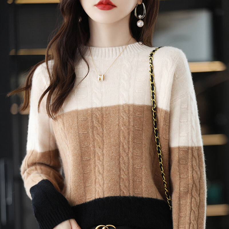 Autumn Winter New 100% Pure Wool Sweater Women's Round Neck Pullover Loose Knitted Color Matching  Bottoming Shirt Foreign Style
