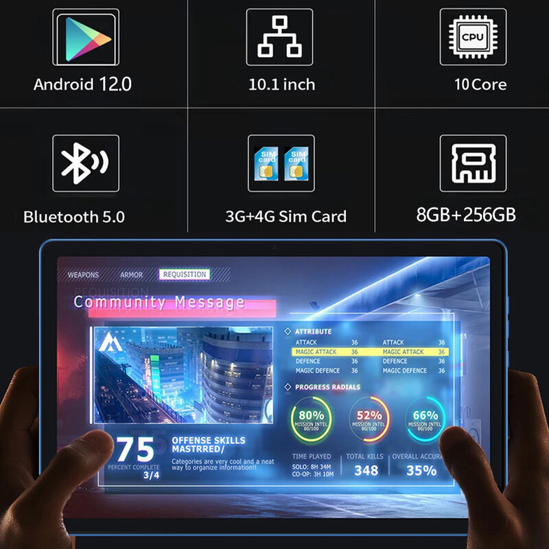 Sauenaneo 2024 Tablet 10 inci Android 12, Tablet semua baru 10.1 inci RAM 8GB ROM 256GB jaringan 4G 8000mAh