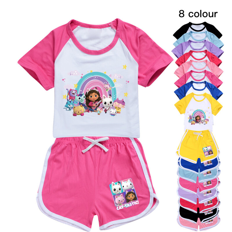Gabby's Dollhouse-ropa de verano para niños pequeños, pijamas de algodón, camiseta de manga corta y pantalones cortos, conjunto de ropa deportiva para niñas