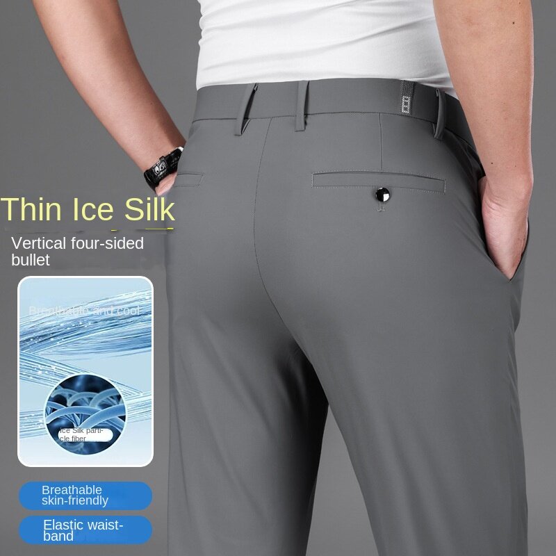 กางเกงลำลองชายทรงตรงผ้าไอซ์ซิลค์ยืดหยุ่นได้สำหรับฤดูร้อนชุดสูทลำลองระบายอากาศได้ดี