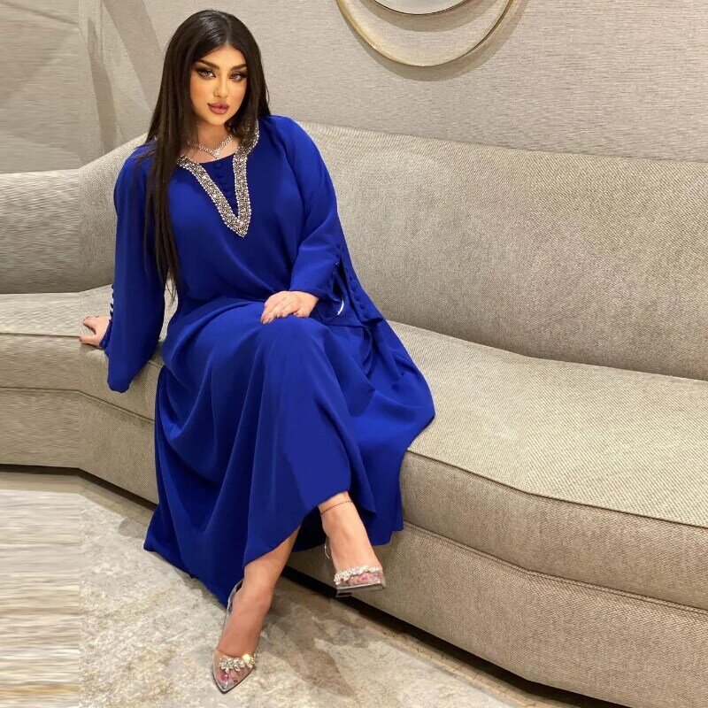 2023 Islam Abaya Dress Summer Hot Drill Abayas Women's Blue Loose Fashion Dress, Suitable for European and American Women