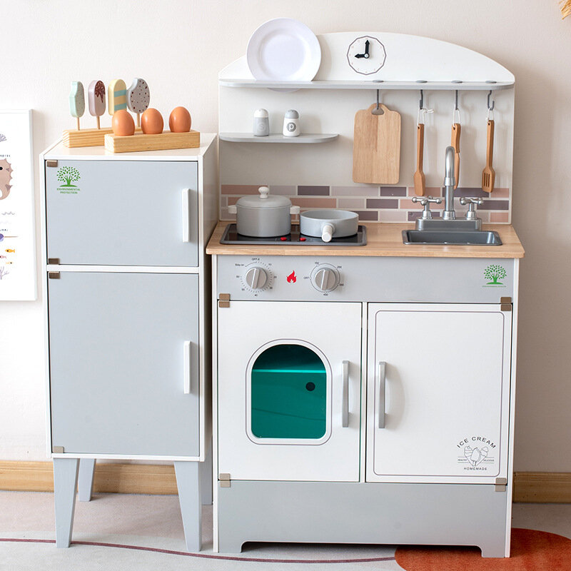 Деревянная белая газовая плита в холодильнике для кухни, Детская имитация для приготовления пищи, интерактивные игрушки для родителей и детей