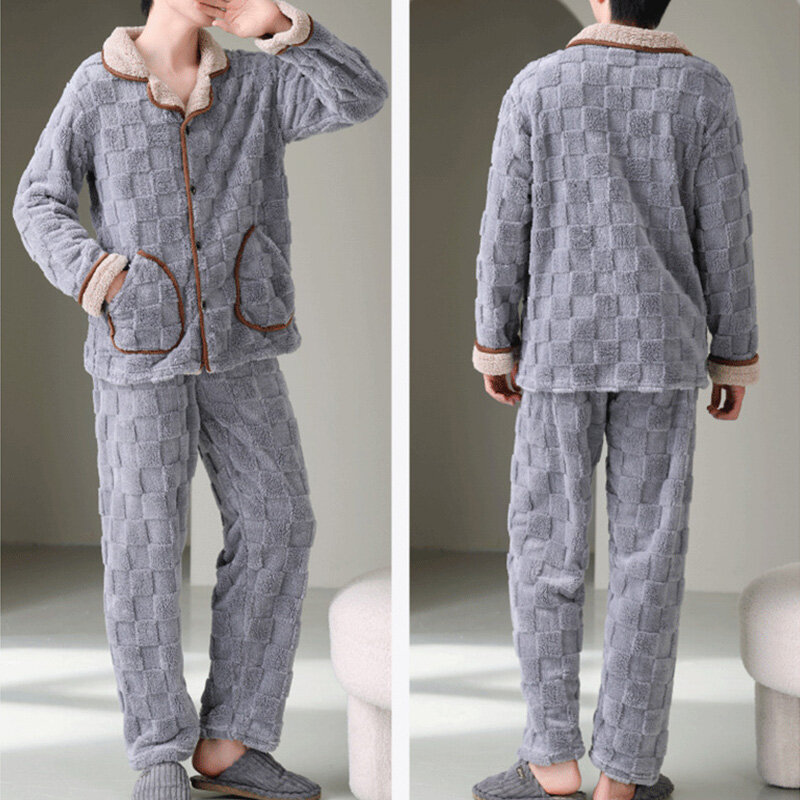 Winter Thickened Pajamas For Men Coral Fleece Sleepwear Sets Warm Long Sleeve Trousers Jacquard Cardigan Nightwear Homewear