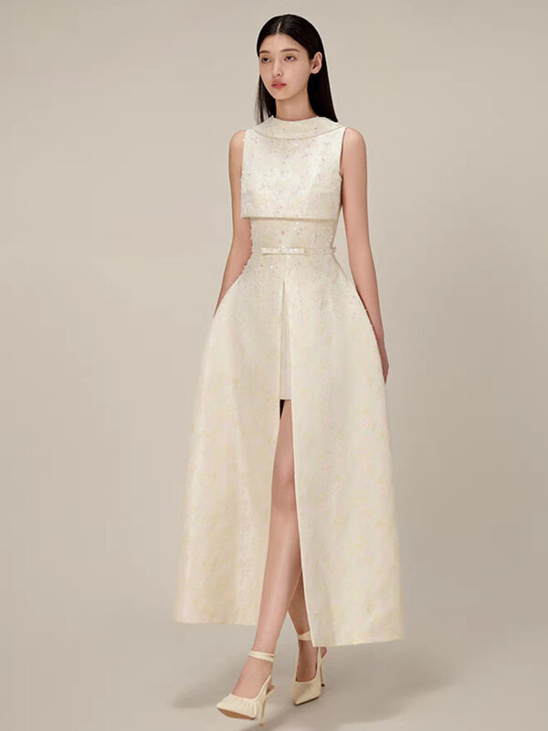 DEAT Elegant Dress Backless Sleeveless High Split Jacquard Sequins Waist Women's Long Dresses 2024 Summer New Fashion 13DB4582