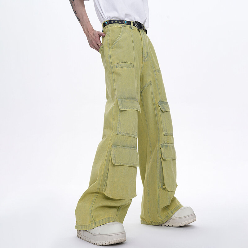 FEWQ-Calça cargo monocromática solta com vários bolsos para homens, jeans de rua alta, calça de verão, design de nichos, personalidade Vogue, novo, 24X9096