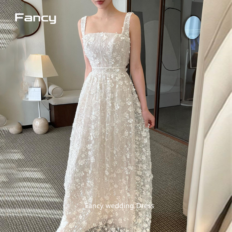 Vestido de novia elegante con cuello cuadrado para mujer, vestido de fiesta de boda, sin tirantes, marfil, dulce belleza, Corea, fotografía